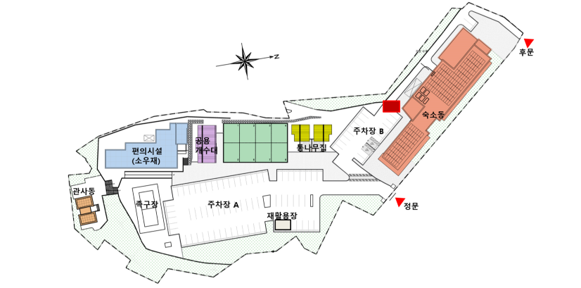 관사동, 기존건물(미철거), 공용세면실, 족구장, 텐트장, 통나무집, 주차장B,숙소동, 주차장 A, 숙소동, 정문, 후문