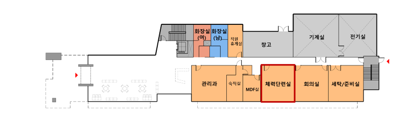 로비, 화장싱(여), 화장실 (남), 직원휴게실, 재활용 창고, 기계실, 전기실,관리과, 숙직실, MDF실, 회의실, 탁구장, 세탁/준비실