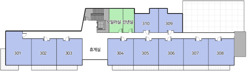 보일러실, 린넨실,310,309,301,302,303,휴게실,304,305,306,307,308